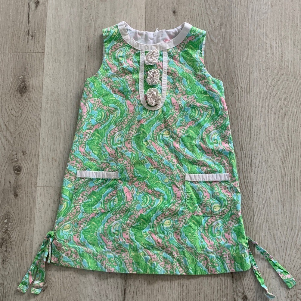 Lilly Pulitzer Girls Green Pink Paisley Shift Dress Floral Applique Size 5